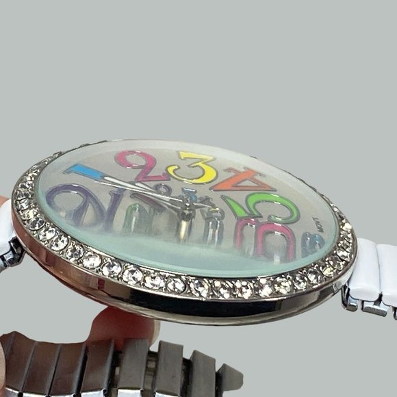 Geneva Platinum Womens Stretch White Band Round Rhinestone Face Colorful Numbers - Picture 9 of 9